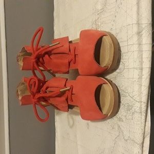 Sorel Red Joanie Sandal Suede Wedge Lace 9